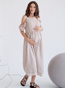 Платье для беременных и кормящих "Сакура", вышивка ришелье в бежевом цвете 