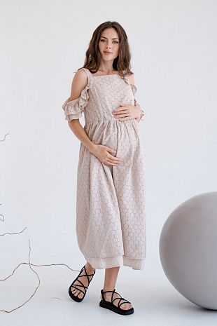 Платье для беременных и кормящих "Сакура", вышивка ришелье в бежевом цвете 